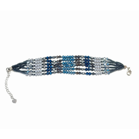 PHLB18-DB : Multi row iridescent navy blue and grey faceted  beads bracelet