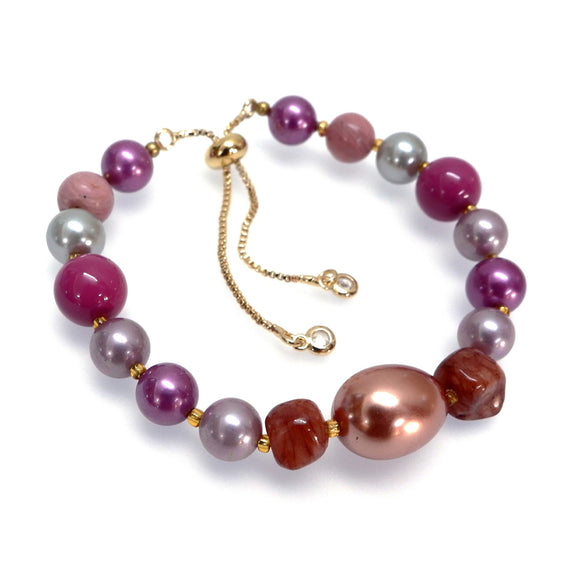 PHLB75-DP :  Mauve and fuchsia pearl beads adjustable bracelet