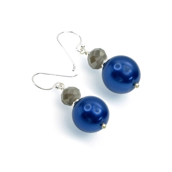 PHLE118-DB :  Blue faux pearl and grey hook earrings