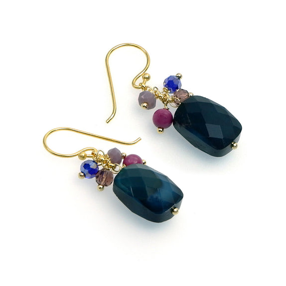PHLE121-DP :  Dark blue oblong crystal with multi coloured cluster beads earrings