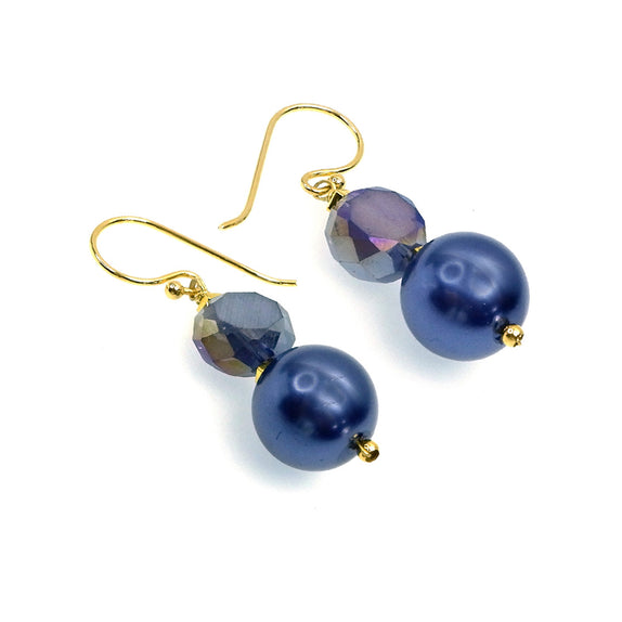 PHLE124a-PU :  Navy faux pearl and crystal hook earrings