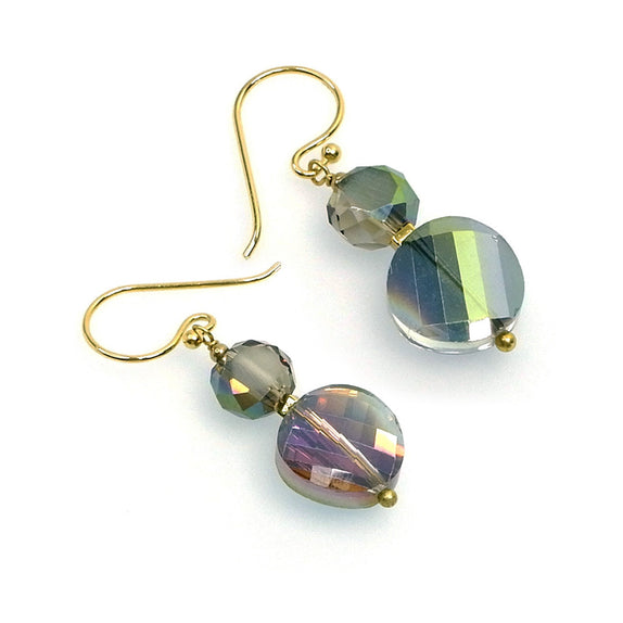 PHLE129-GR :  Double bead iridescent AB crystal hook earrings