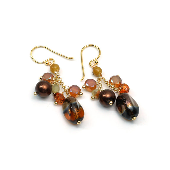 PHLE137a-GL :  Brown glass bead and multi cluster beads gold SS hook earrings