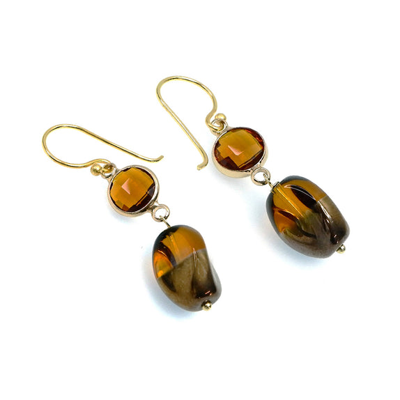 PHLE137b-GL :  Amber crystal and nuget bead drop earrings