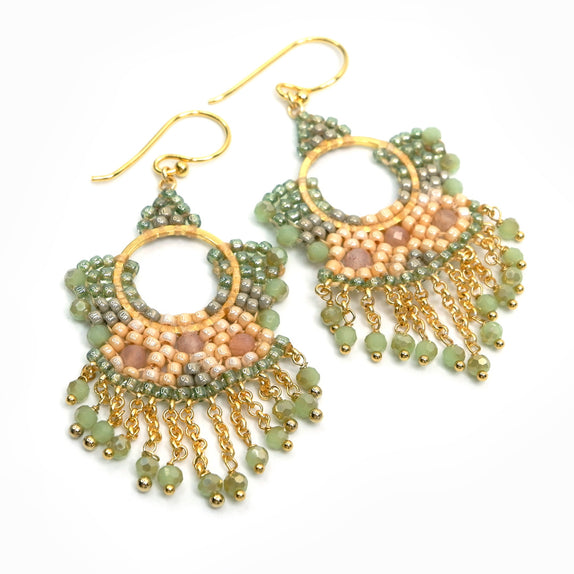PHLE173c-GR :  Sage peach beaded tassel earrings