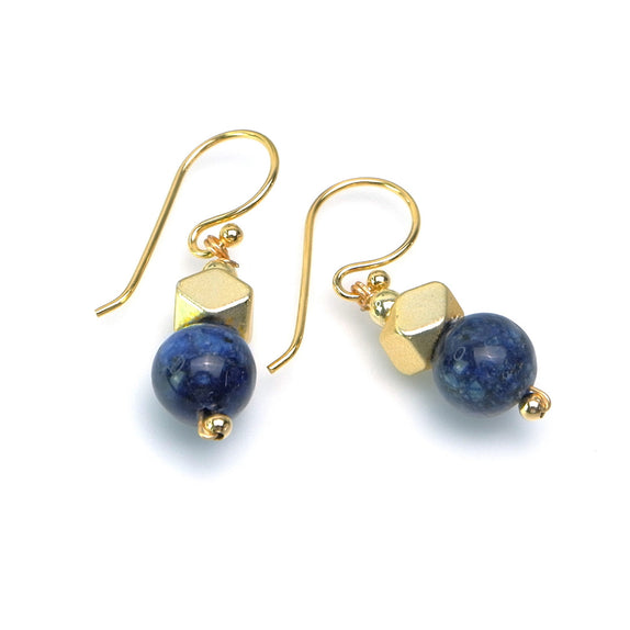 PHLE200b-GR :  Navy gemstone and gold tone SS bead hook earrings