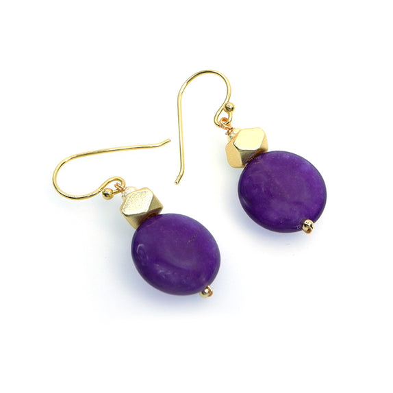 PHLE217b-PU :  Purple round drop earrings with gold cube