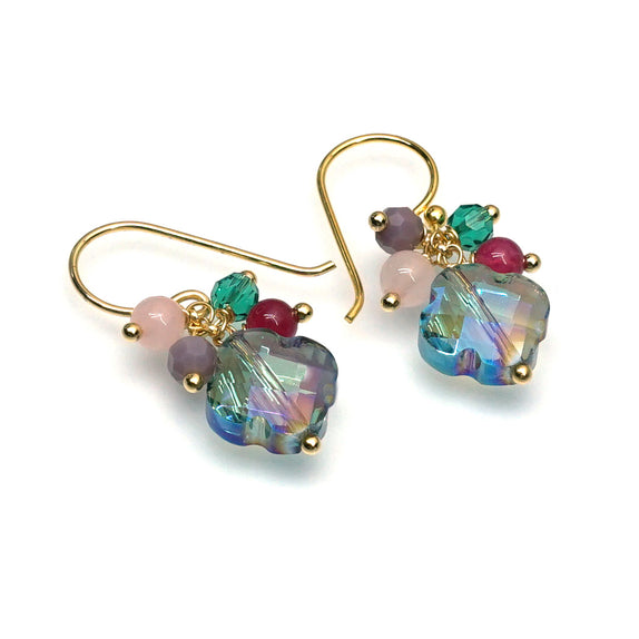 PHLE222-PU :  Purple & crystal cluster drop earrings
