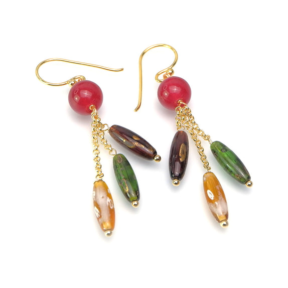 PHLE223-MX :  Multi pink green yellow purple gemstone and MOP chain drop earrings