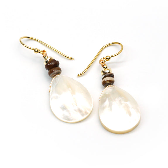 PHLE228-BR :  White MOP teardrop and brown stones gold tone SS hook earrings