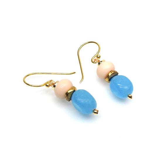 PHLE254a-BL :  Peach & turquoise stacked bead drop earrings