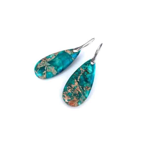 PHLE255b-AQ :  Turquoise marbled teardrop drop earrings, silver frame