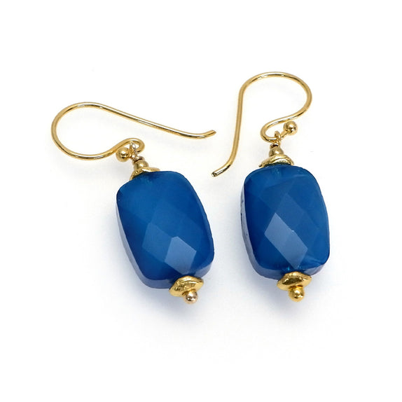 PHLE55-DB :  Teal blue faceted oblongs on gold-plated brass  hook earrings