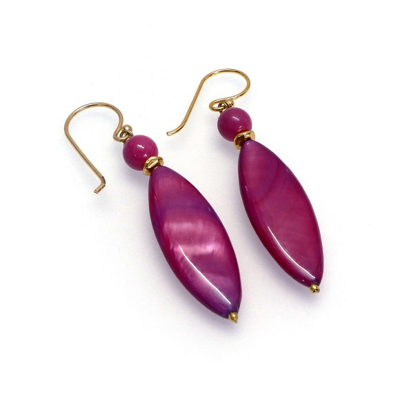 PHLE73a-DP : Fuchsia MOP elongated marquise gold-plated brass hook earrings