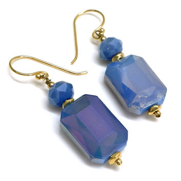 PHLE92b-DB :   Blue oblong faceted double bead hook earrings