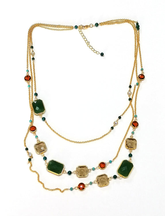 PHLN04 : 3 strand Green agate with carnelian and smoky Crystals Necklace