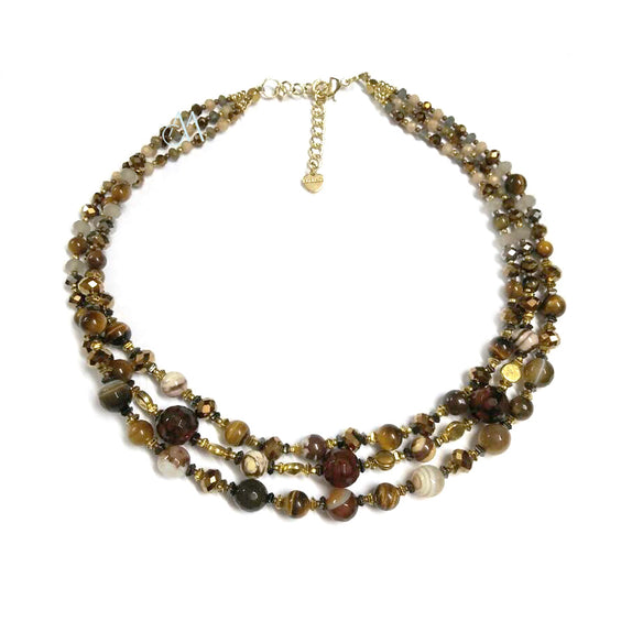 PHLN07a-GL :  3 Layer brown jasper tigers eye carnelian gold plated brass short necklace