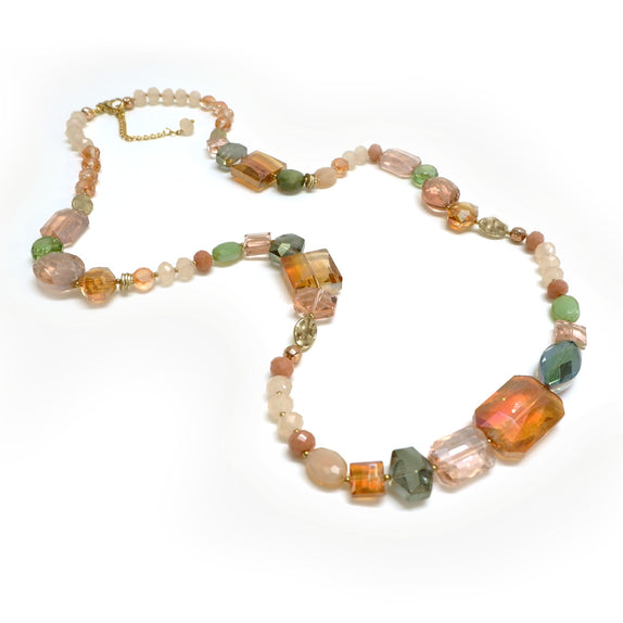 PHLN107-GL : Orange and green beaded long necklace