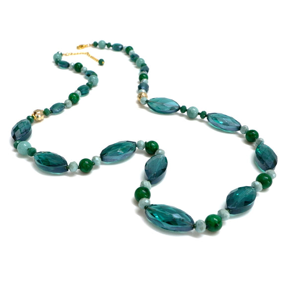 PHLN109-GR :  Long beaded dark green crystal and stone necklace