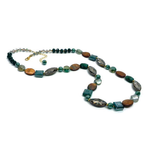 PHLN120-GR :  Mixed dark greens rust gold MOP and crystal long necklace