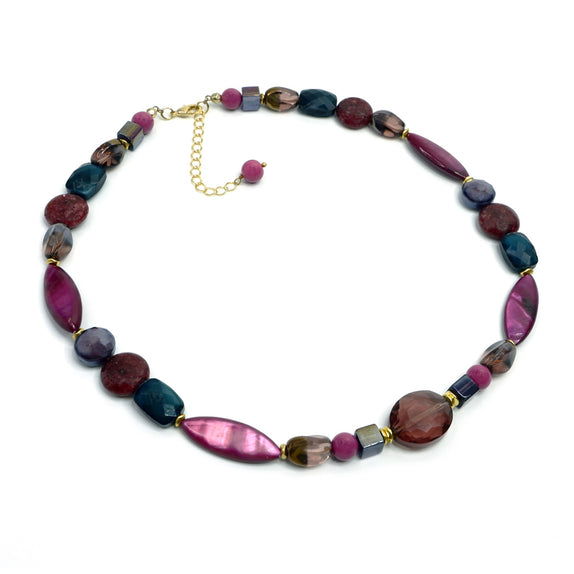 PHLN122-DP :  Plum and navy mixed MOP and crystal necklace