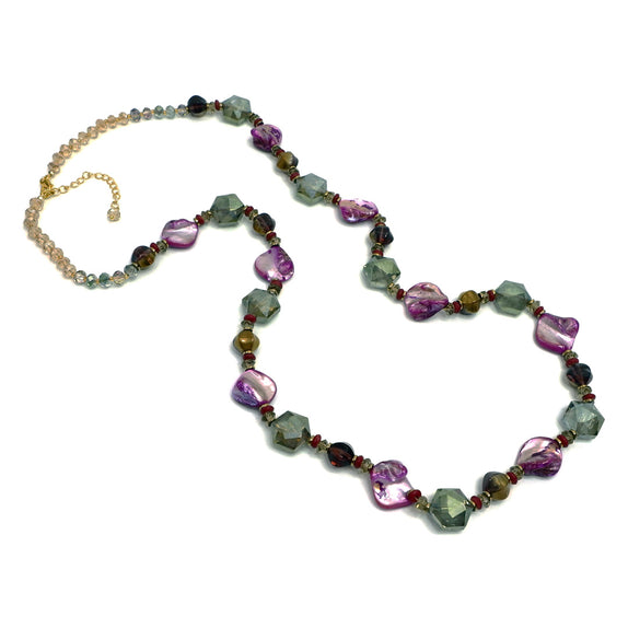 PHLN123-PU :  Orchid and sage baroque pearl and crystal necklace