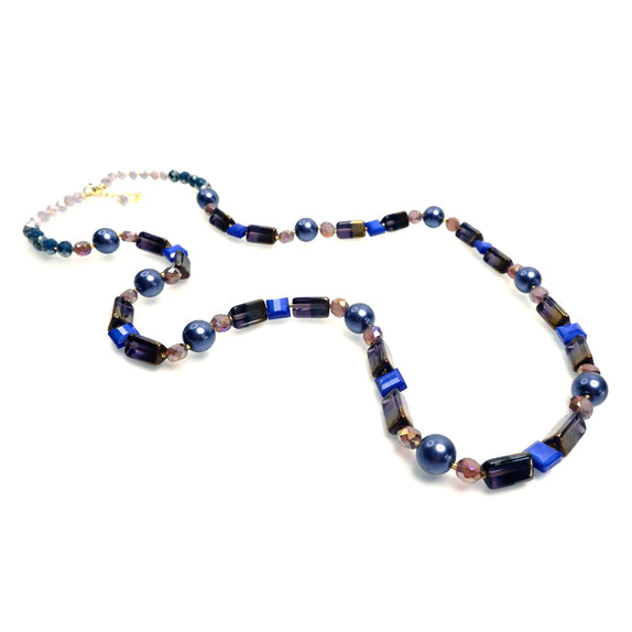 PHLN124-PU :  Navy and antique gold tone Crystal tubes and pearls long necklace