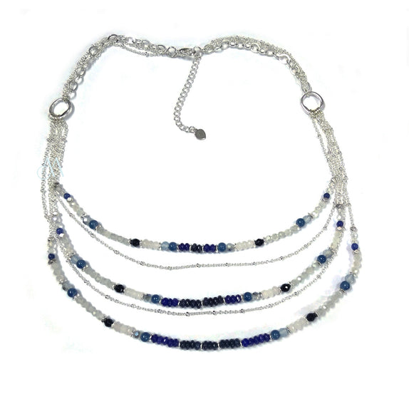 PHLN14-DB : Navy beaded multilayer front silver plated necklace