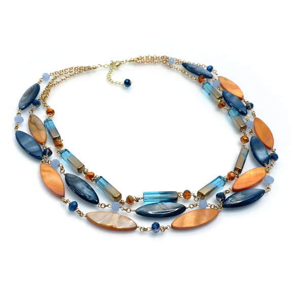 PHLN149-BG :  Navy and orange navette shell 3 row necklace