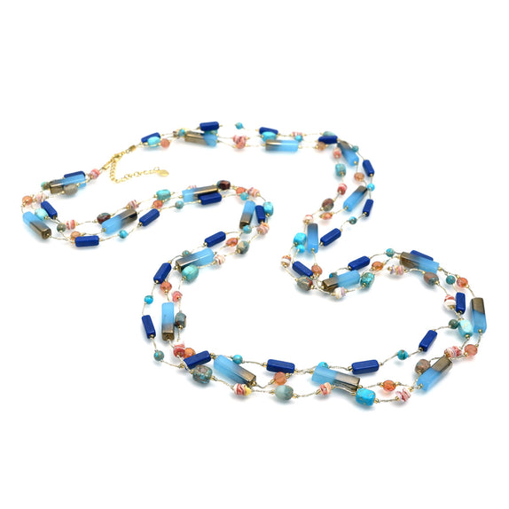 PHLN152-DB :  Mix blue orange silk multi strand long necklace
