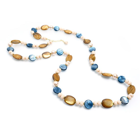 PHLN153-BG : Navy brown cream shell long necklace