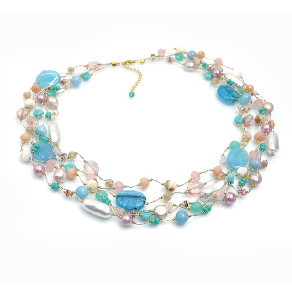 PHLN176-PB : Aqua multi row silk necklace