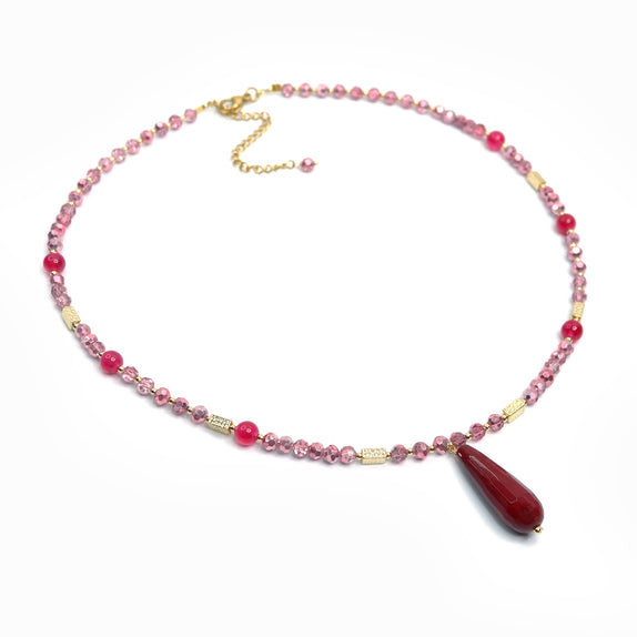 PHLN192-DP : Fuchsia teardrop pendant and beaded chain