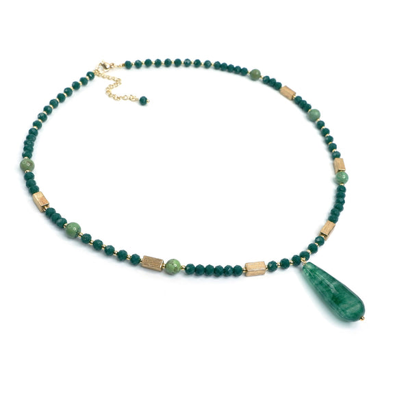 PHLN192-GR : Green stone teardrop pendant beaded chain