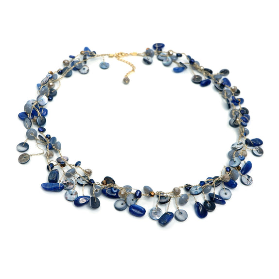 PHLN194-DB : Navy MOP shell buttons dangling silk thread necklace