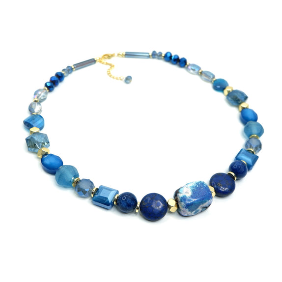 PHLN196-DB : Mixed blues crystal and gemstone short necklace