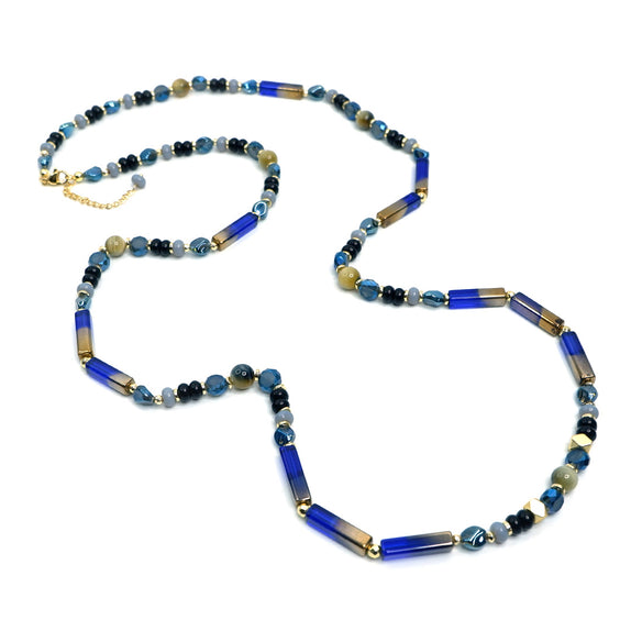 PHLN197-DB : Mixed navy and gold tubes and gold tone SS beads long necklace