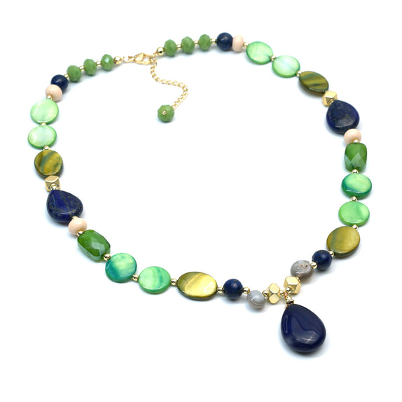 PHLN200-GR : Lime MOP shell and navy gemstone teardrop pendant necklace