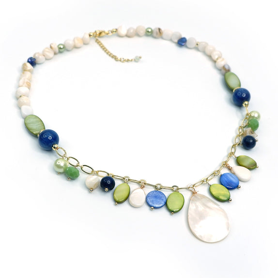 PHLN202-GR : Multi-bead necklace with pearl drop pendant