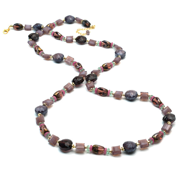 PHLN218-PU : Purple glass pearl and crystal with pastel green long necklace