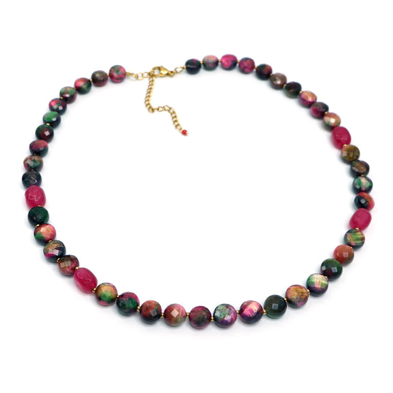 PHLN221-DP : Pink & green multi-bead short necklace