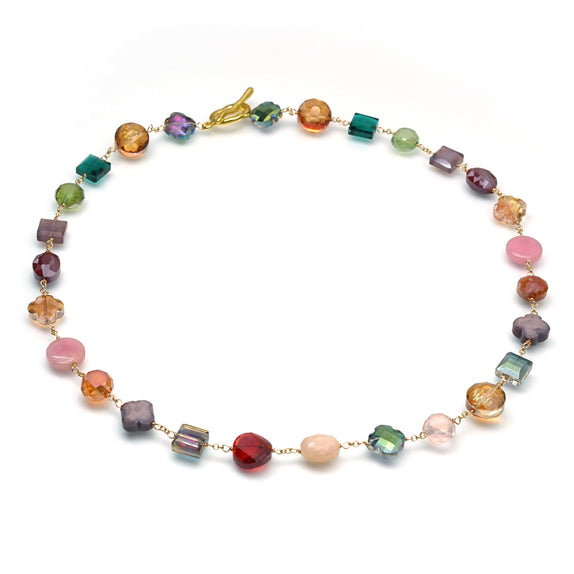 PHLN222-MX : Multi-coloured gemstone bead short necklace