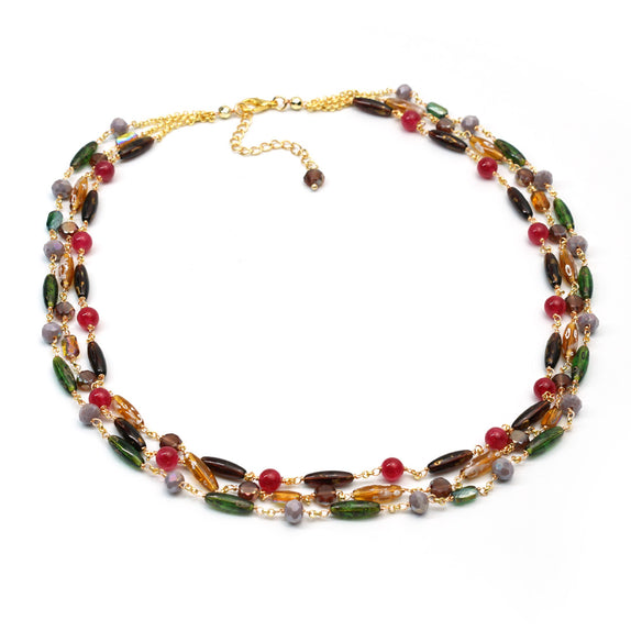 PHLN223-MX : Multi pink green yellow purple 3 row gemstone and MOP nekclace