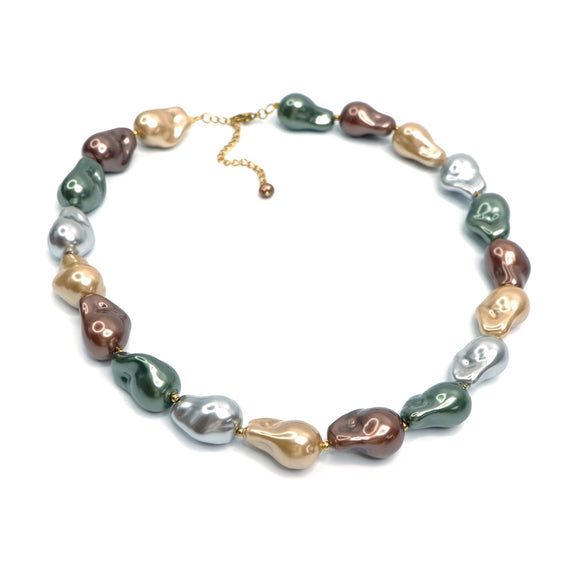 PHLN229-GG : Brown green yellow silver baroque MOP shell pearls necklace
