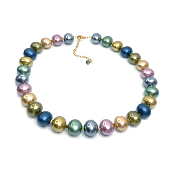 PHLN231-GG : Navy gold green lavender MOP shell pearl ovals necklace