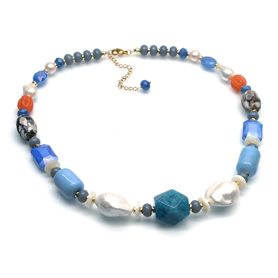 PHLN253-BL : Blue, grey & pearl multi-bead short necklace
