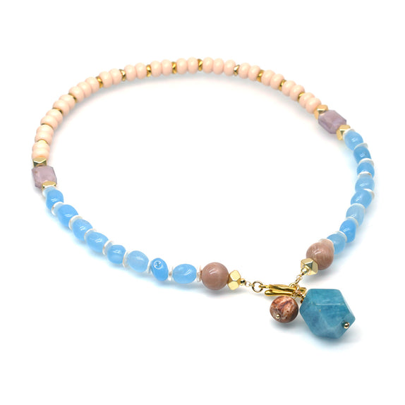 PHLN254-BL : Pastel beaded necklace with charm drops