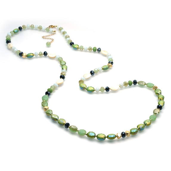 PHLN262-GR : Green & cream beaded long necklace