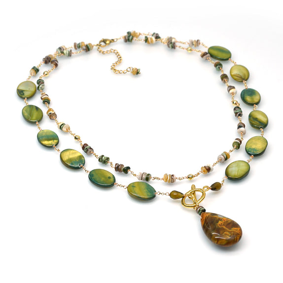 PHLN264-GR : Green & pearl multi-bead short necklace