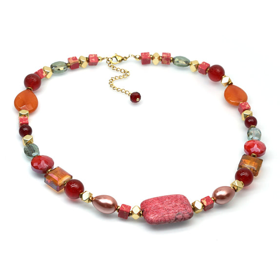 PHLN266-PG : Coral & red multi-bead short necklace